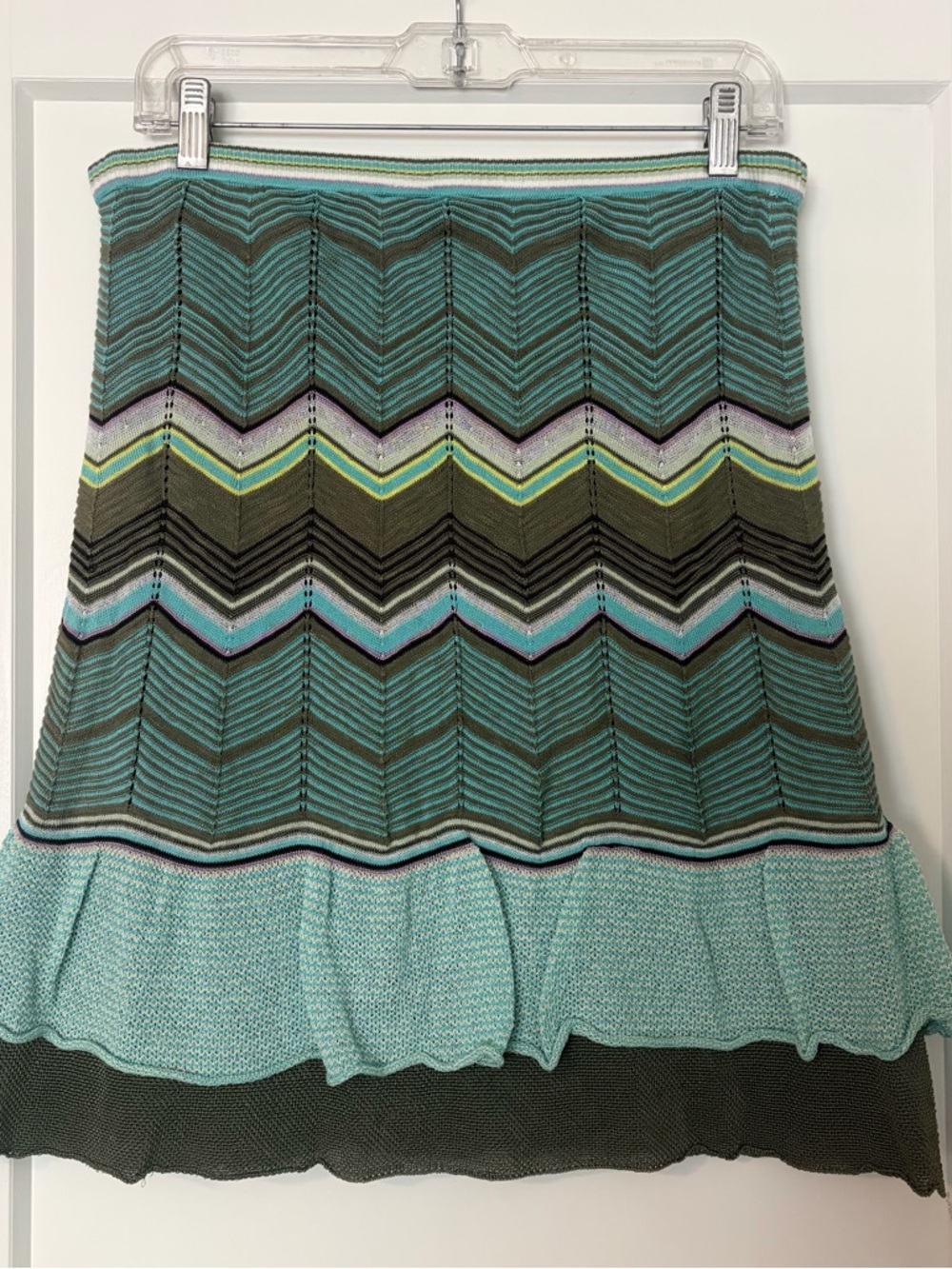M Missoni Chevron Knit A-Line Knit Skirt in Teal, Olive, Pink and Lime Accents